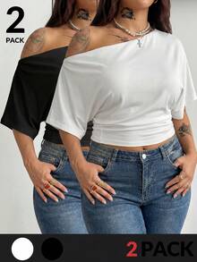 SHEIN Tall CURVE Plus Size Solid Color Minimalist Casual Asymmetric Neck T-Shirt - Black and White - View 7