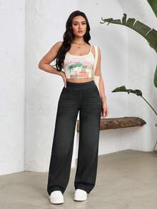 Pantalones vaqueros de pierna ancha, estilo casual deportivo, con elástico para mujer - Gris Oscuro - Ver 3