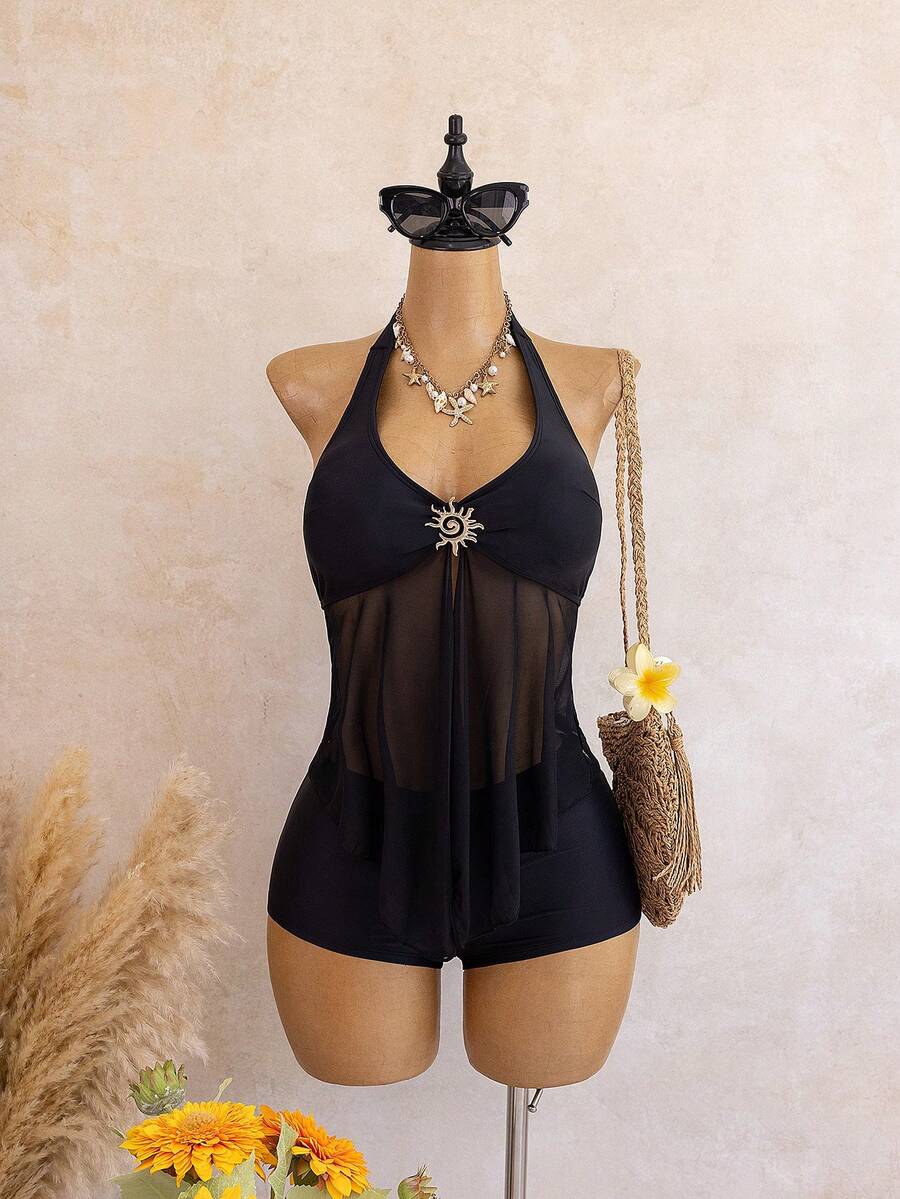 Bellisia French Elegant Halter Metal Decor Mesh Splice Vacation Tankini Set - Black - View 1
