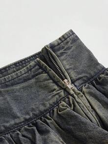 ROMWE Grunge Punk Y2K Retro Low Waist Sexy Double-Layer Ruffle Hem Mini Denim Skirt, Blue - Blue - View 3