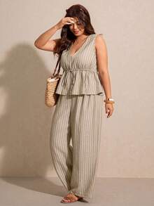 Elaquor Plus Size Casual Vacation Striped Sleeveless A-Line Shirt And Straight Leg Casual Pants 2 Pieces Set - Apricot - View 7