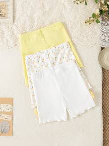 SHEIN Vintaside Kids Bộ 3 món quần áo mùa hè cho bé gái, quần short gân hoa 3D màu trắng và vàng dễ thương, trang phục mềm mại thoải mái đi học và đi chơi, cho bé từ 6 tháng đến 3 tuổi - Nhiều màu - Xem 3