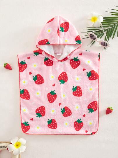 SHEIN Bộ áo liền quần có mũ trùm đầu hình dâu tây và hoa cúc dễ thương cho bé gái