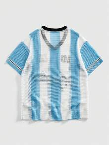 ROMWE MEN Prep 2026 Copa Brasil Men's Short Sleeve Knit T-Shirt With Embroidery And Openwork Design - Blue - View 2