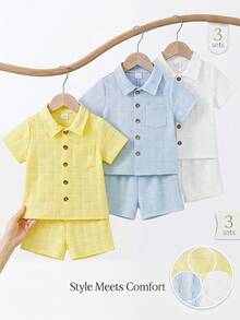 SHEIN Vintaside Kids 6 قطع/مجموعة قميص وشورت بسيط مريح للأطفال الرضع الصبيان، مجموعة متعددة الألوان مناسبة للصيف - متعدد الألوان - مشاهدة 9