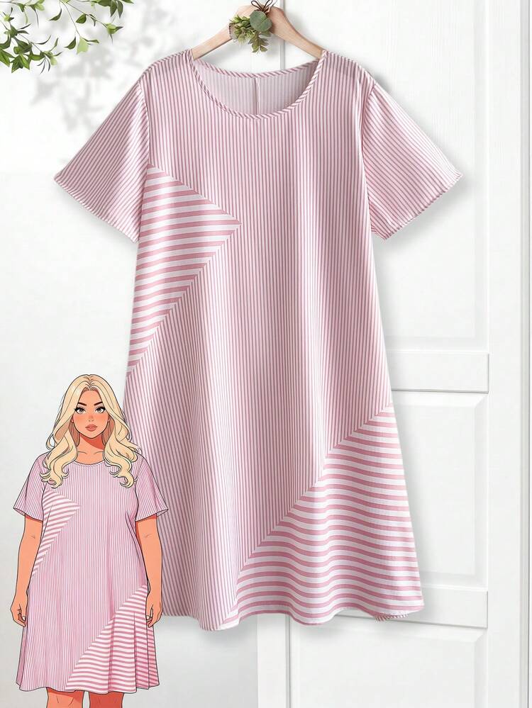 Plus Size Pink Striped Round Neck Short Sleeve Dress Beach Outfits For Women Beach Dress Summer Dress Summer Dresses For Women