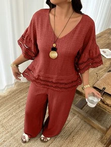 Weeklong 2pcs/Set Atasan Longgar Leher Bulat Lengan dan Hem Bermotif Bunga untuk Wanita dan Celana Panjang Lurus, Cocok untuk Liburan dan Pemakaian Sehari-hari, Musim Semi/Panas - Burgundy - View 6