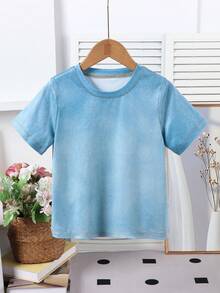 Elladie kids Áo thun ngắn tay mùa hè cho trẻ em, màu xanh denim nhạt, kiểu dáng tối giản, thoải mái, phù hợp cho các hoạt động ngoài trời. - Màu xanh lam - Xem 4