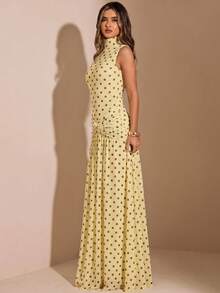 SHEIN BAE Đầm chữ A không tay cổ cao xếp ly màu vàng nền chấm bi nâu, đầm thanh lịch, đầm đi nghỉ mát, đầm phù dâu, đầm dự tiệc sinh nhật, đầm đi học/lễ tốt nghiệp. - Màu vàng - Xem 6