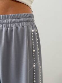 SHEIN Women, Spring, Summer Loose Fit Pearl Detail Drawstring Waist Wide-Leg Pants - Grey - View 3