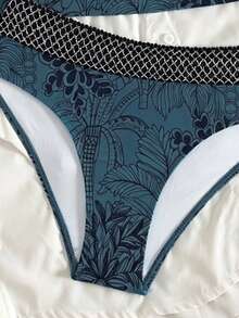 Swim Lushoire Nuevo 2026 Top de bikini corto con tirantes finos, estampado tropical de árbol de coco, cintura alta, sin tirantes y sin espalda, para mujer, para playa y casual de verano - Agua verde azul - Ver 6