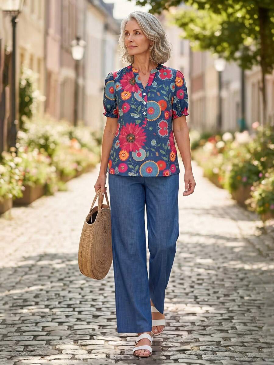 EMERY ROSE Purple Floral Shirt And Solid Color Pants Set For Middle-Aged And Elderly Women Holiday Summer Casual Modest - Multicolor - View 1
