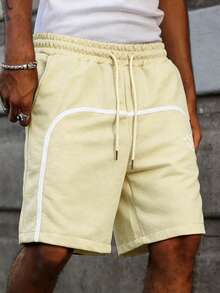 PAVTROS Men's Letter Print Drawstring Waist Casual Versatile Daily Wear Shorts, Holiday - Beige - View 3