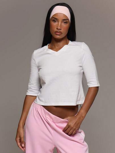 MUSERA ESSENTIALS Cotton Blended V Neck Quarter Sleeve Loose Fit Top Tshirt Cute Everyday Basics Sexy Daily Spring Summer Essential