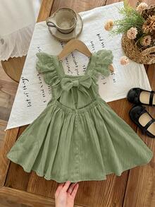 LMoss Kids Young Girl Woven Solid Color Square Neck Ruffle Hem Casual Dress - Olive Green - View 4