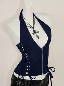 SHEIN ICON Summer Y2K Navy Blue V Neck Going Out Night Out Concert Women's Black Goth Sexy Grommet Solid Color Fashion Side Cross Strap Halter Tank Top - Navy Blue - View 5