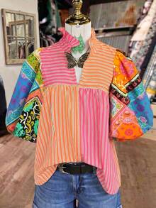 Linhara Plus Size Women Vintage Floral & Striped Print V-Neck Ruffle Trim Short Sleeve Blouse Fall - Pink - View 3