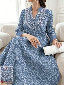 SHEIN Najma 花卉图案V领长袖连衣裙，女士时尚开衩下摆长裙，优雅阿拉伯风格春夏装，适合度假、假日和日常穿着。 - 彩色 - 查看 1