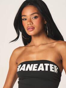 MISSGUIDED Top bandeau noir sans bretelles avec imprimé slogan blanc et détail de lien dans le dos pour les nuits d'été de festival et de club - Noir - Voir 5