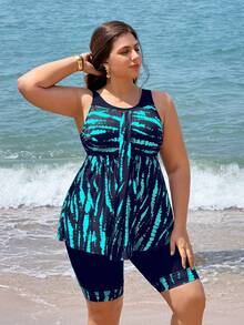 Swim Lushoire Bộ đồ bơi tankini nữ 2 mảnh size lớn 2026 mới, tankini hở lưng kèm chân váy, phối màu đen trơn và in kỹ thuật số, phù hợp đi biển, tiệc, du lịch - Màu xanh hải quân - Xem 5