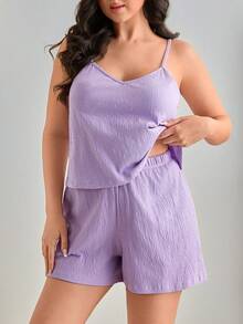 SHEIN Cotton Line Plus Women Lilac Purple Comfy Cami Top And Ruffle Trim Drawstring Waist Shorts 2Pcs Pajama Set - Lilac Purple - View 3