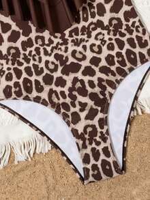 SHEIN Teen Girl Leopard Print Patchwork One-Piece Swimsuit, Suitable For Beach Vacation, Pool Party, Beach Party - Brown - View 5