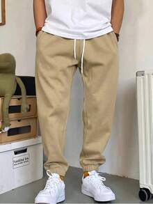 Manfinity Homme 男士抽绳腰带口袋休闲宽松运动裤 - 卡其色 - 查看 1