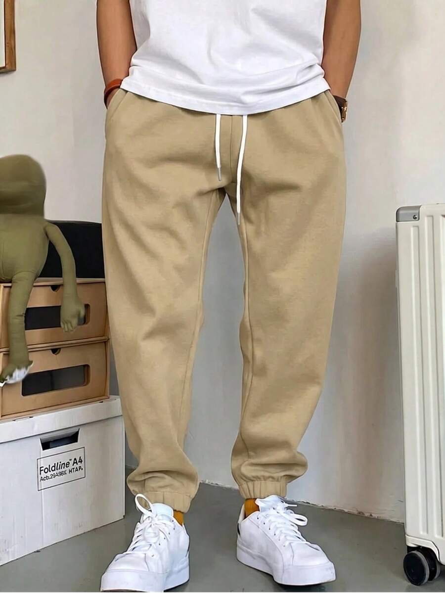 Manfinity Homme 男士抽绳腰带口袋休闲宽松运动裤 - 卡其色 - 查看 1