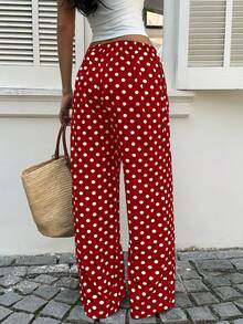 Sunnyshic Quần ống rộng cạp thấp, thắt dây rút, họa tiết chấm bi đen dành cho nữ, thích hợp cho kỳ nghỉ xuân/hè, phong cách bohemian thanh lịch, đi làm, retro tối giản, đa năng mặc hàng ngày. - Màu Đỏ Sâu - Xem 2