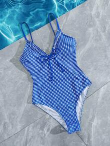 Swim Mod 女士度假沙滩休闲拼接复古棕色格纹V领荷叶边吊带露背连体泳衣，前系带设计，适合运动、海滩、春假和夏季度假。2026泳装。法式泳衣。欧式夏季泳衣。夏季穿搭 - 彩色 - 查看 8