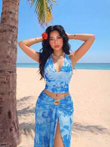 Sweetina 度假性感花卉印花不对称金属装饰女士背心 - 藍色 - 查看 5