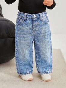 SHEIN Bubblio Quần ống rộng dáng suông màu xanh denim kiểu retro cho bé gái - Rửa nhẹ - Xem 5
