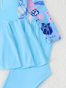 SHEIN Bộ đồ bơi Tankini cho bé gái tuổi teen, vải dệt kim màu tím, áo tay dài và quần dài, váy có khóa kéo, kiểu dáng kín đáo, thời trang thanh lịch, phù hợp cho bơi lội, kỳ nghỉ hè, bãi biển, hồ bơi, tiệc tùng. - Màu xanh nhạt - Xem 4