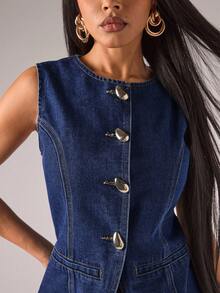 SHEIN BAE Áo sơ mi denim nữ một hàng cúc, kiểu dáng thường ngày, đa năng, thích hợp mặc hàng ngày. - Rửa tối - Xem 5
