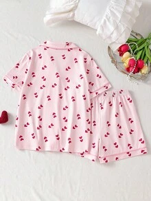 2 Pieces Tween Girl Pink Summer Home Wear Featuring Cute Sweet Heart Print. Stylish Lapel Collar Short Sleeve Top And Matching Shorts Sleep Set - Pink - View 2