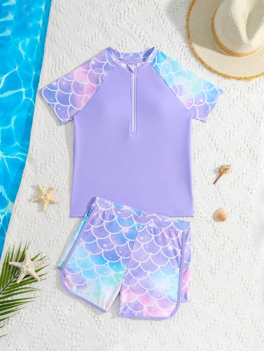 SHEIN GraphicGems Conjunto de traje de baño con estampado de escamas de pez para niña preadolescente - Morado - Ver 1
