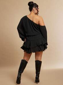 SHEIN BAE Combinaison femme grande taille noire à épaules asymétriques et volants asymétriques - Noir - Voir 3