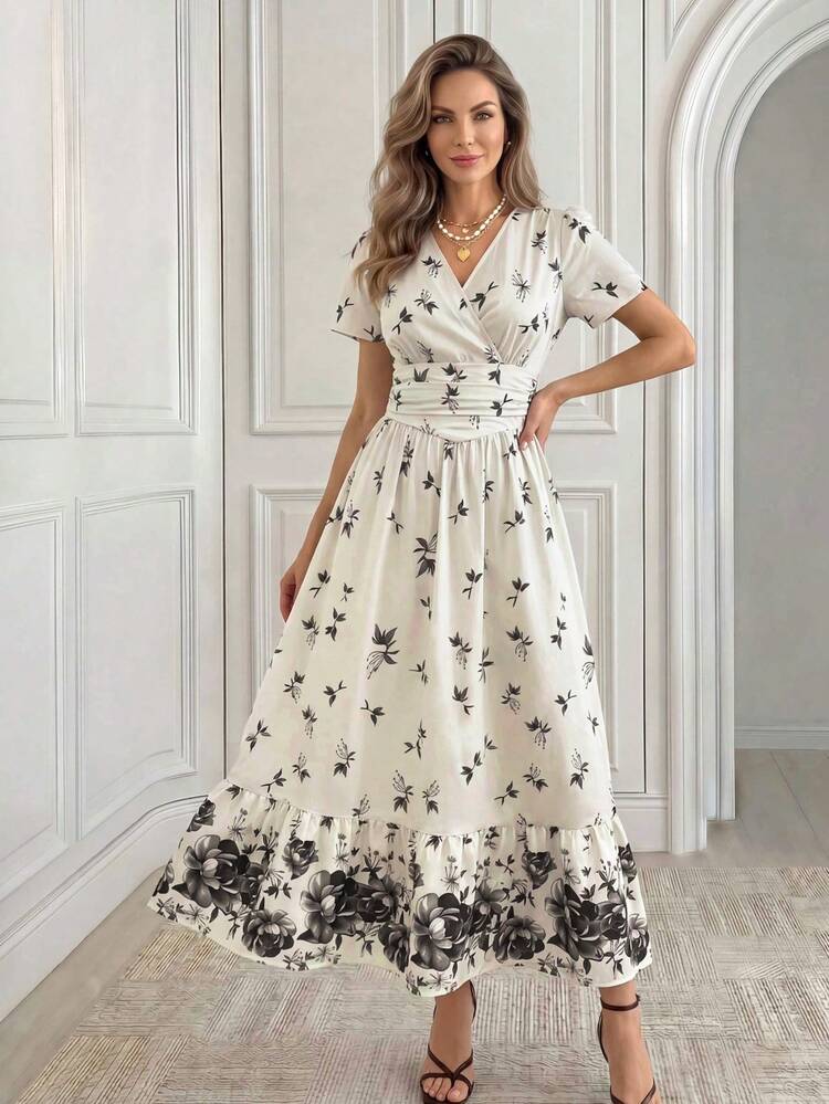 Women's Floral Print Wrap V-Neck Short Sleeve Dress,Summer Dress, Festival Outfits For Women,Going Out Dress,Elegant Dresses For Women,Vacation Outfits Women,Ruffle Skirt,Floral Dress