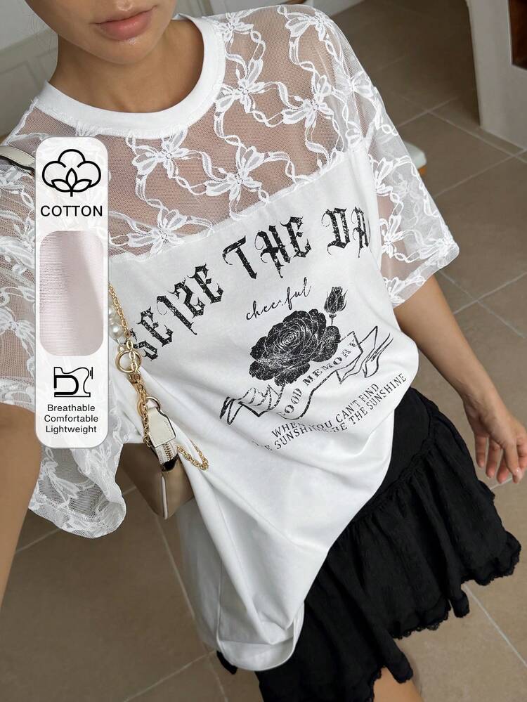 Women's Summer Round Neck Short Sleeve Lace Patchwork Casual Street Letter Print T-Shirt
