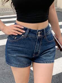 DAZY Quần short denim nữ cạp cao hai hàng cúc có túi sau, phong cách đường phố thường ngày, mùa hè Y2K - Rửa trung bình - Xem 8