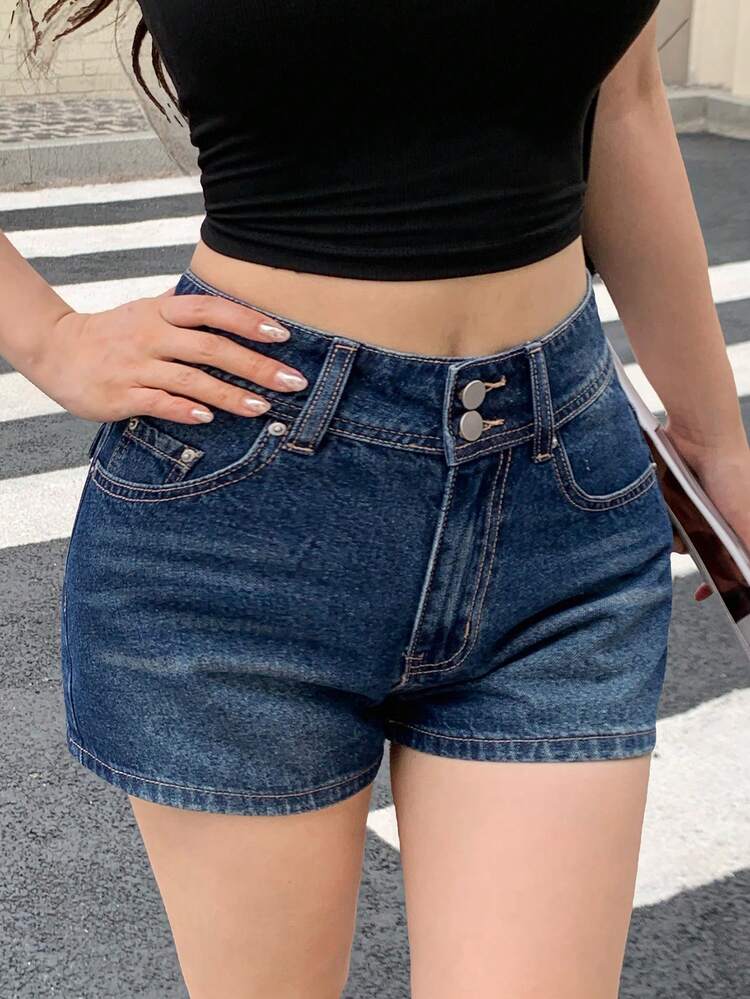 Women's High Waist Double-Breasted Denim Shorts With Back Pockets, Casual Street Style Y2k
