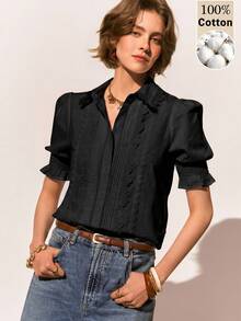 2026 Nuevo Blusa holgada con pliegues, mangas de pétalos de encaje y contraste, para uso casual y de vacaciones de las mujeres - Blanco - Ver 10