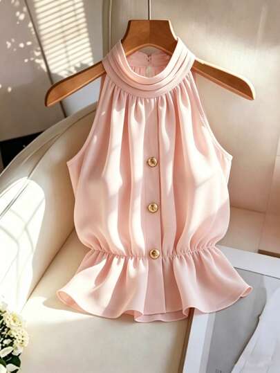 Franclia 1 Pack Women's Sleeveless Top, Light Pink, High Collar, Mushroom Button Back Design, 3 Simple Gold Buttons On Front, Ruched Waist With Flounce Hem, Elegant Style Suitable For Casual, Vacation, Commute, Office, Everyday Wear, Soft And Comfortable Woven Fabric, Machine Washable
