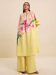 LOTSLUV Women's Elegant Pink Floral Golden Yellow Floral Print 2-Piece Set, Round Neck Loose Blouse Straight Leg Pants, Vacation Outfit Autumn - Multicolor - View 3