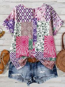 SHEIN LUNE CURVE Camisa feminina plus size com gola redonda, estampa por toda a peça, casual e versátil para uso diário. - Multicolorido - Ver 2