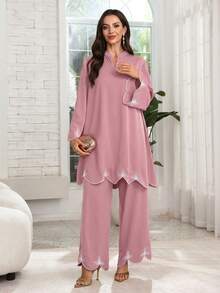 Lacomfia Women's V-Neck Embroidered Loose 2 Pieces Set, Autumn Tea Party Dusty Pink Modest - Dusty Pink - View 8