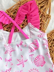 SHEIN Bộ đồ bơi liền thân in hình vỏ sò cho trẻ sơ sinh, viền bèo nhún, kiểu dáng ôm vừa vặn thoải mái, thích hợp cho kỳ nghỉ. - Nhiều màu - Xem 5