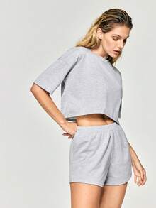 SHAPORA Solid Drop Shoulder Top & Shorts Lounge Set Outfit - Grey - View 6