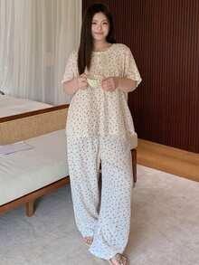 Dazy Plus Große Größen Damen Blumen-Chiffon Pyjama Set, Frühling/Sommer - Babypink - Übersicht 2