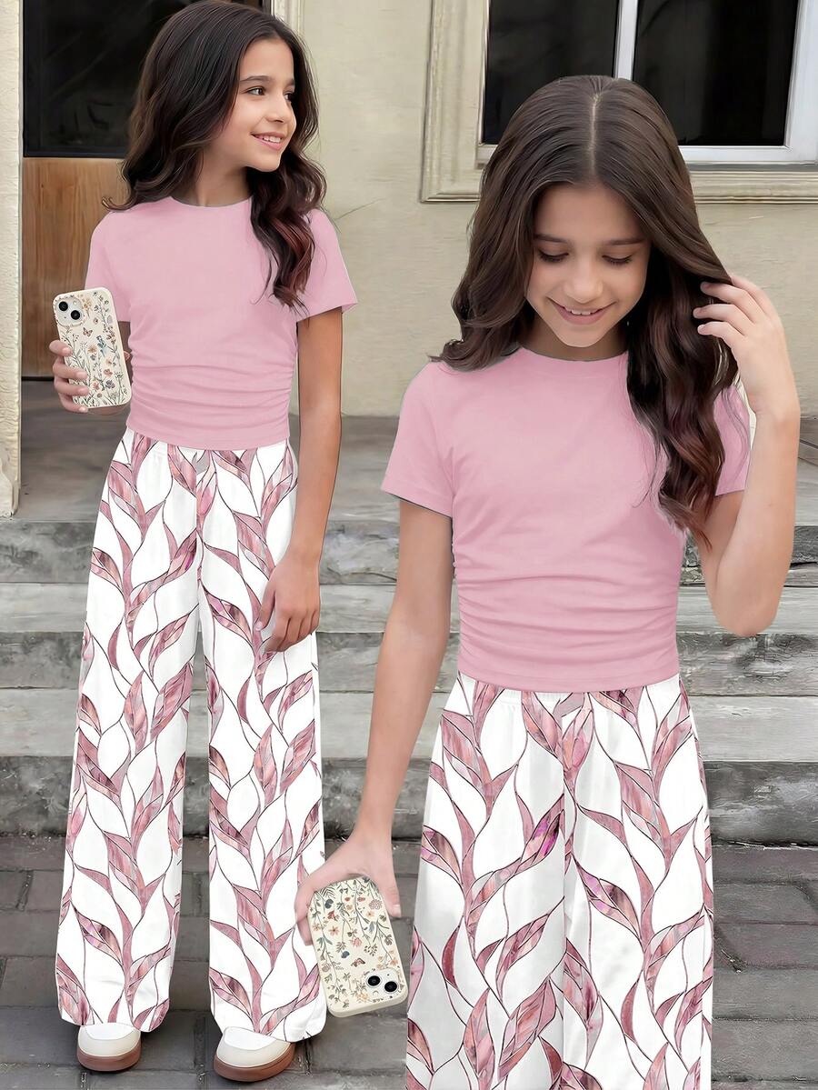 Tween Girl Ruched Fitted Short Sleeve T-Shirt & Geometric Print Pants 2-Piece Set, Casual Daily Fashion, Retro Color Blocking - White - View 1